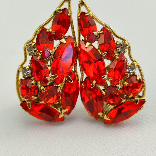 1950's Vintage Red Orange Rhinestone Clip Earrings by LaRoca