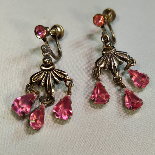 1980s Vintage Screw Back Dangle Earrings with Plum Rhinestones Open Back