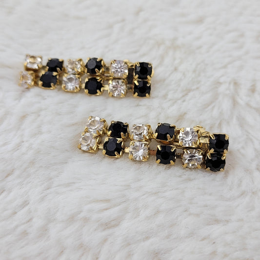 1950's Vintage Black and Clear Rhinestone Two Row Dangle Earrings by Trifari