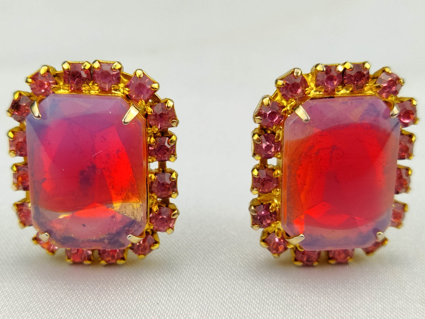 1950s Vintage Clip Earrings with Rectangular Red Glass and Plum Rhinestones