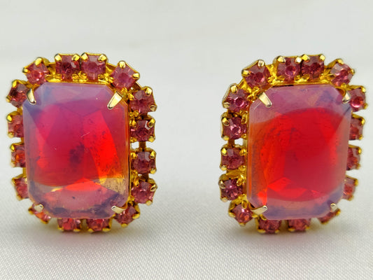 1950s Vintage Clip Earrings with Rectangular Red Glass and Plum Rhinestones
