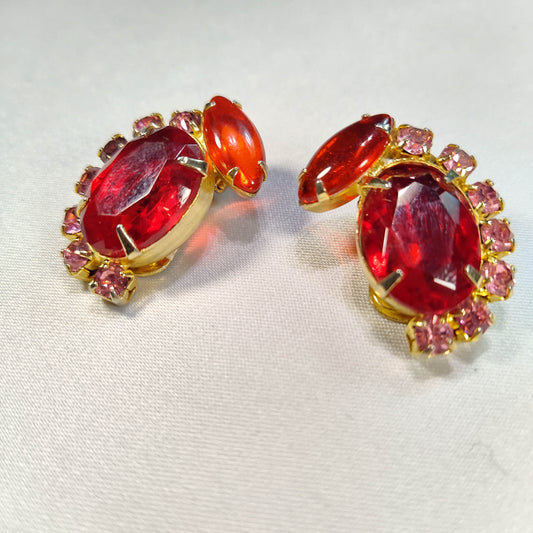 1950's Vintage Red and Pink Rhinestone Cluster Clip Earrings