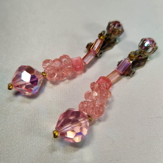 1960s Vintage Clip Dangle Earrings with Pink and Plum Aurora Borealis Beads