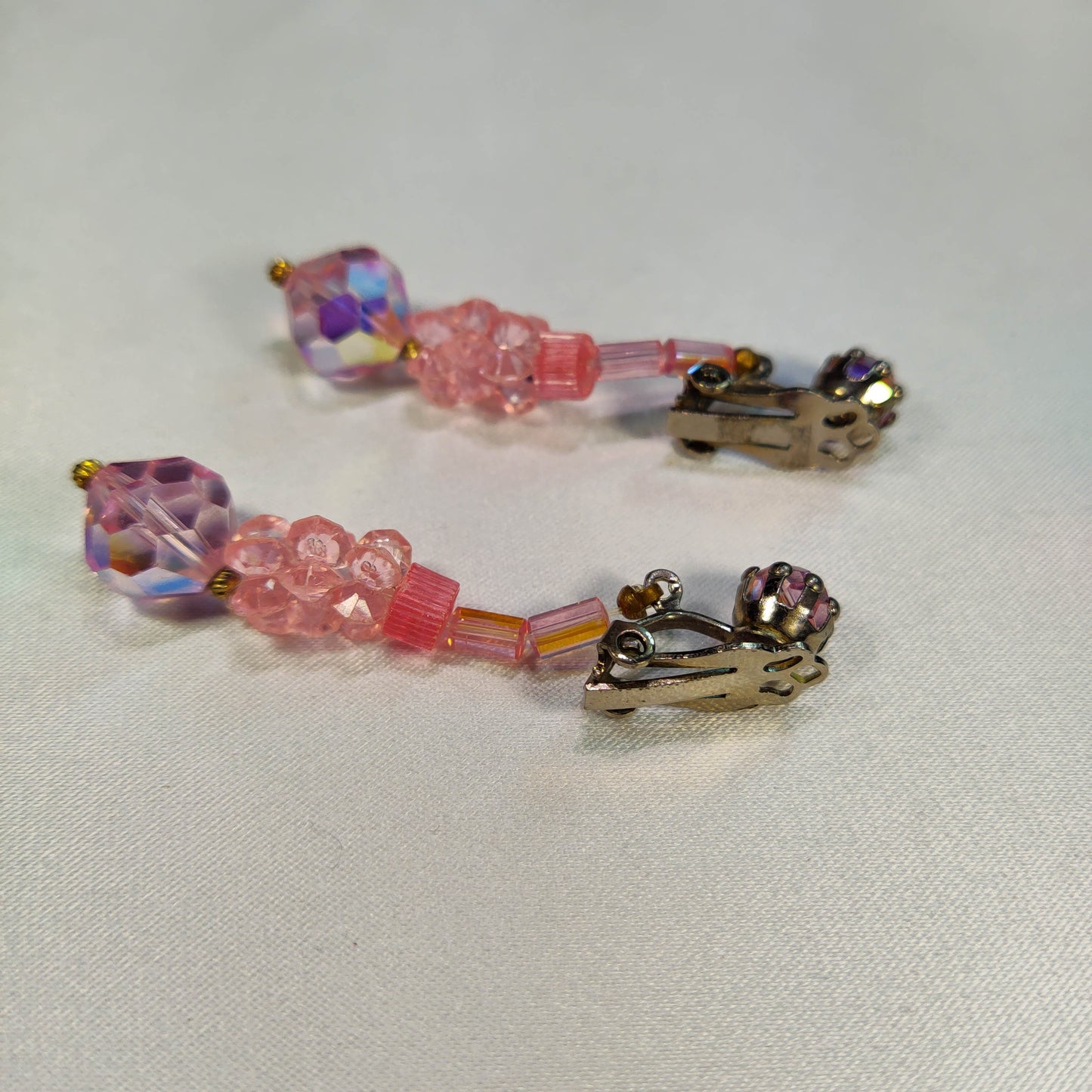 1960s Vintage Clip Dangle Earrings with Pink and Plum Aurora Borealis Beads
