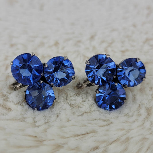 1940's Vintage Sterling Silver Blue Rhinestone Screwback Earrings by Coro