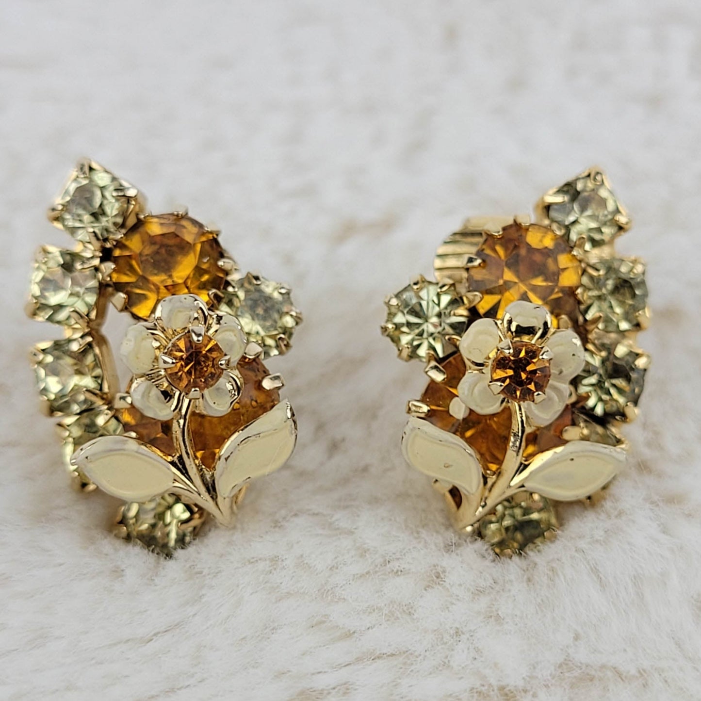 1950's Gold and Yellow Rhinestone Flower Clip Earrings