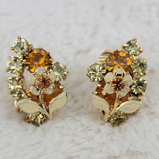 1950's Vintage Gold and Yellow Rhinestone Flower Clip Earrings