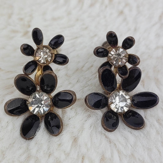 1950's Vintage Clear Rhinestone and Black Enamel Flower Screwback Earrings