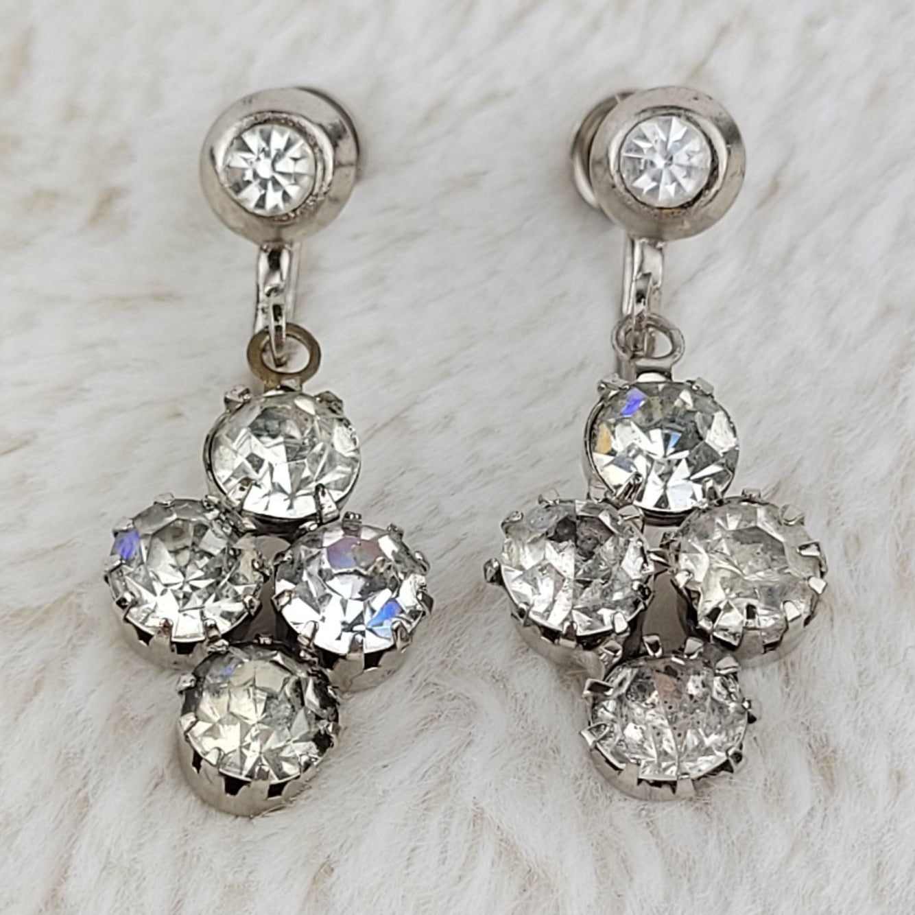1950's Clear Rhinestone Dangle Screwback Earrings