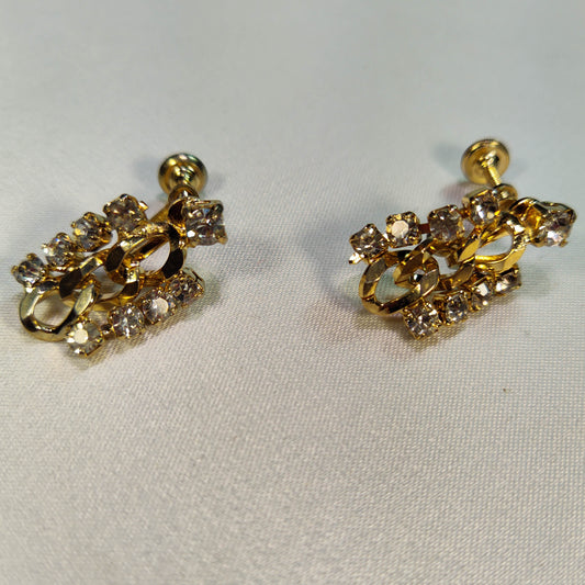 1970's Vintage Gold Metal Chain and Rhinestone Screwback Earrings