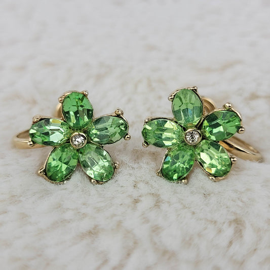 1950's Vintage Green Rhinestone Flower Screw Back Earrings