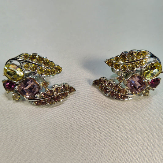1950's Vintage Crescent Shaped Purple and Yellow Rhinestone Clip Earrings