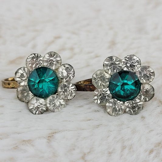 1940's Vintage Teal and Clear Rhinestone Flower Screwback Earrings
