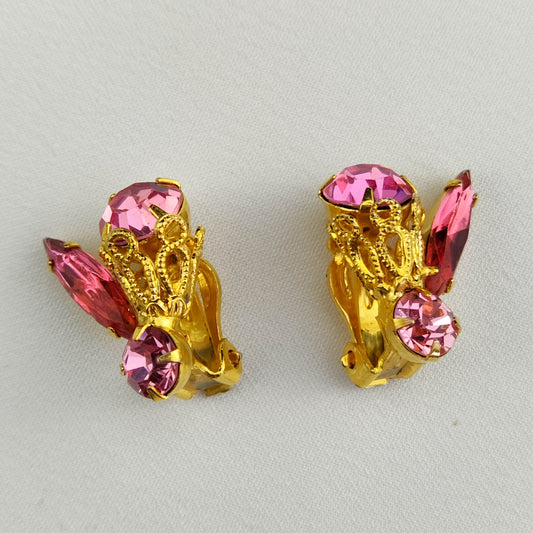 1950's Vintage Pink Rhinestone "Bee" Clip Earrings