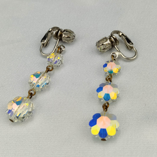 1960's Vintage Aurora Borealis Crystal Ball Dangle Clip Earrings