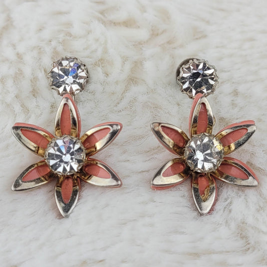 1950's Vintage Orange Flower and Clear Rhinestone Screwback Dangle Earrings