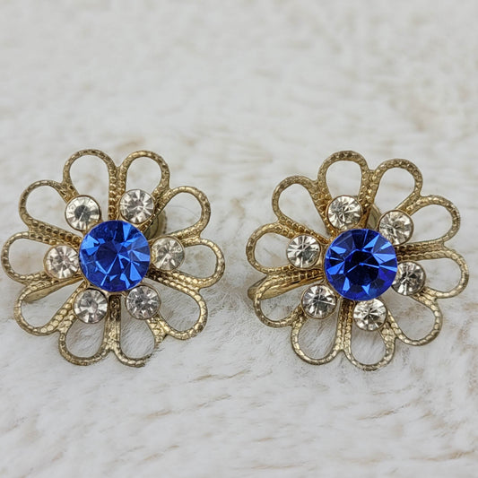 1940's Vintage Gold Tone Metal Flower and Cobalt Blue Rhinestone Screw Back Earrings