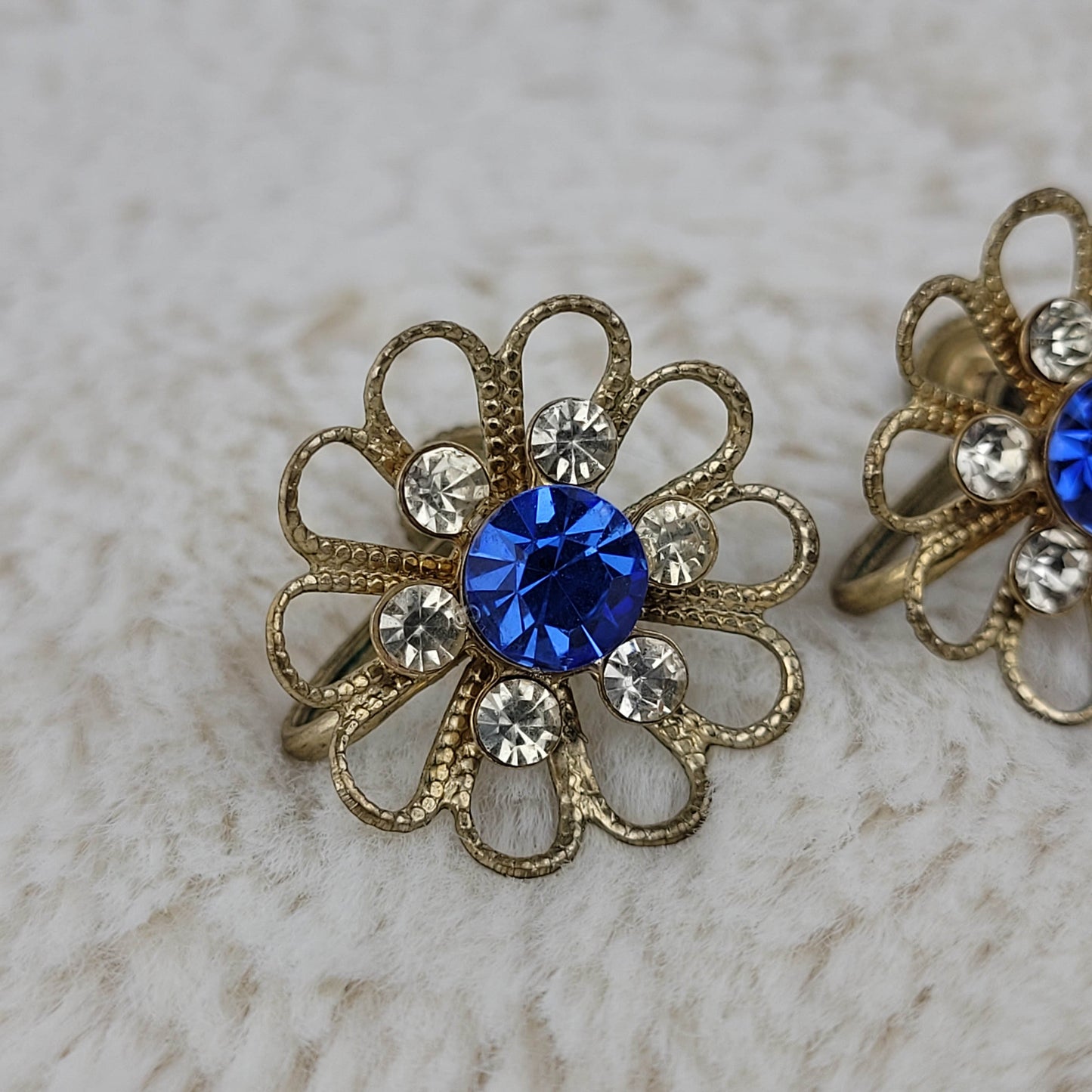 1940's Gold Tone Metal Flower and Cobalt Blue Rhinestone Screw Back Earrings