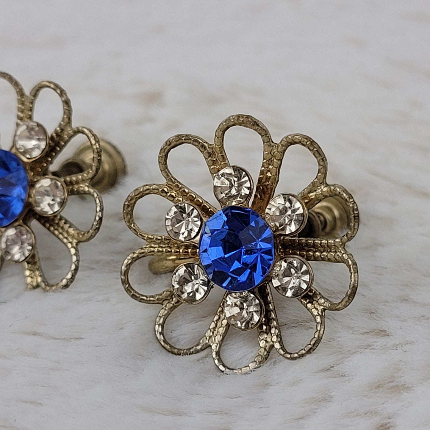 1940's Gold Tone Metal Flower and Cobalt Blue Rhinestone Screw Back Earrings
