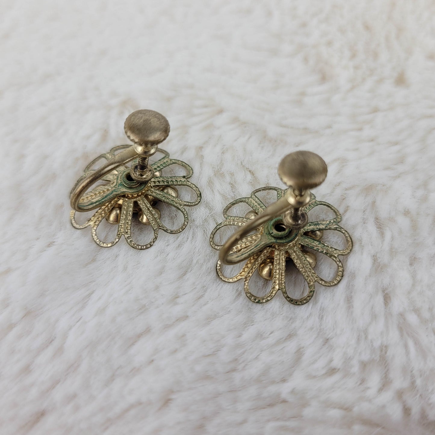 1940's Gold Tone Metal Flower and Cobalt Blue Rhinestone Screw Back Earrings