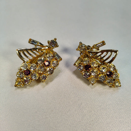 1960's Vintage Gold Tone Metal and Rhinestone Bee Clip Earrings