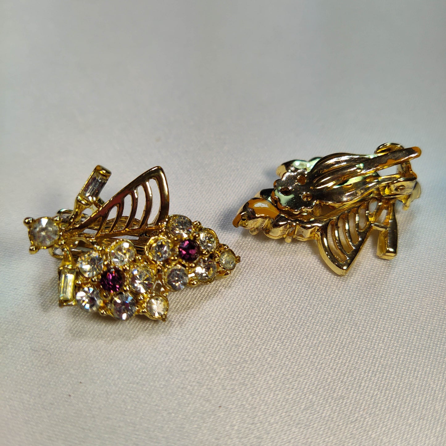 1960's Gold Tone Metal and Rhinestone Bee Clip Earrings