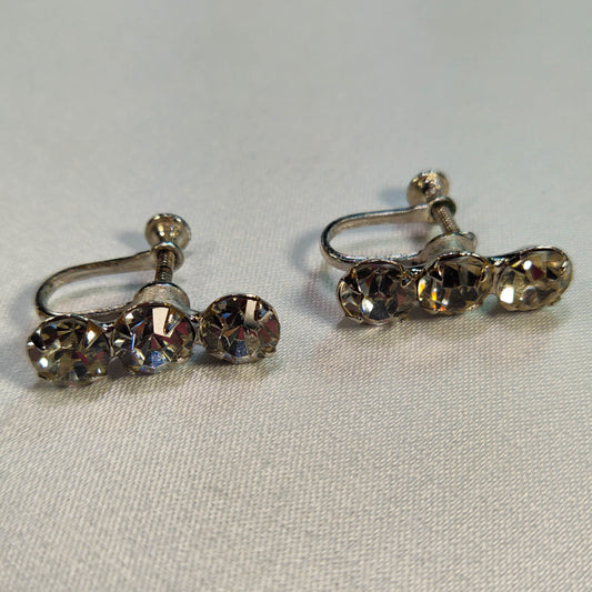 1950's Vintage Three Rhinestone Row Screwback Earrings
