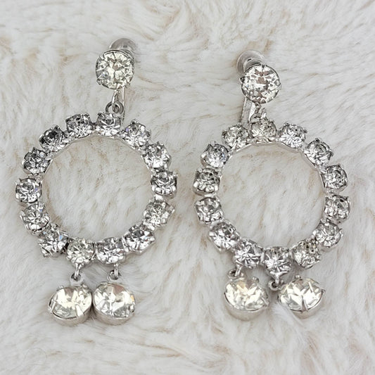 1950's Vintage Clear Rhinestone Drop Circular Screwback Earrings by Weiss