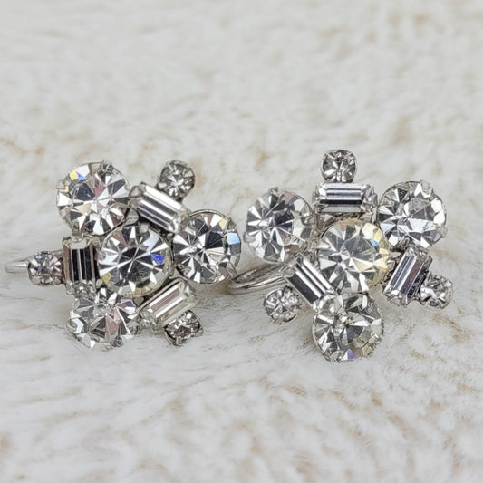 1950's Vintage Clear Rhinestone Cluster Screwback Earrings