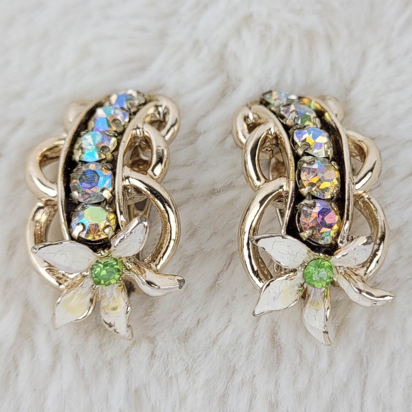 1960's Aurora Borealis Channel White Enamel Flower Clip Earrings