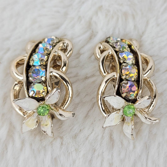 1960's Vintage Aurora Borealis Channel White Enamel Flower Clip Earrings