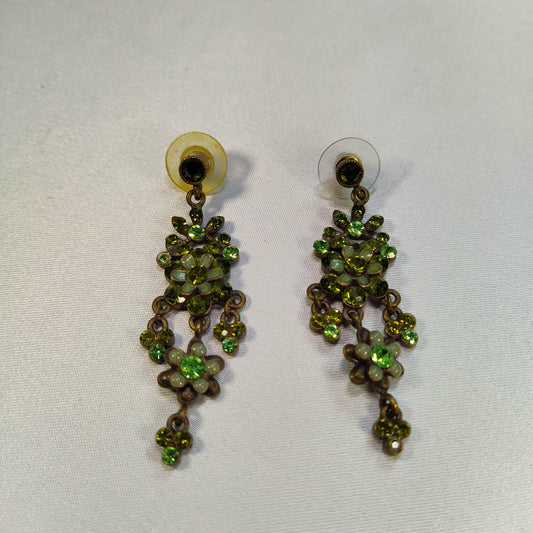 1970's Vintage Green Rhinestone Dangle Pierced Earrings