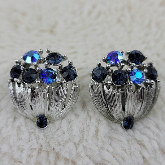 1950's Vintage Blue Aurora Borealis Silver Tone Metal Umbrella Screwback Earrings by Lisner