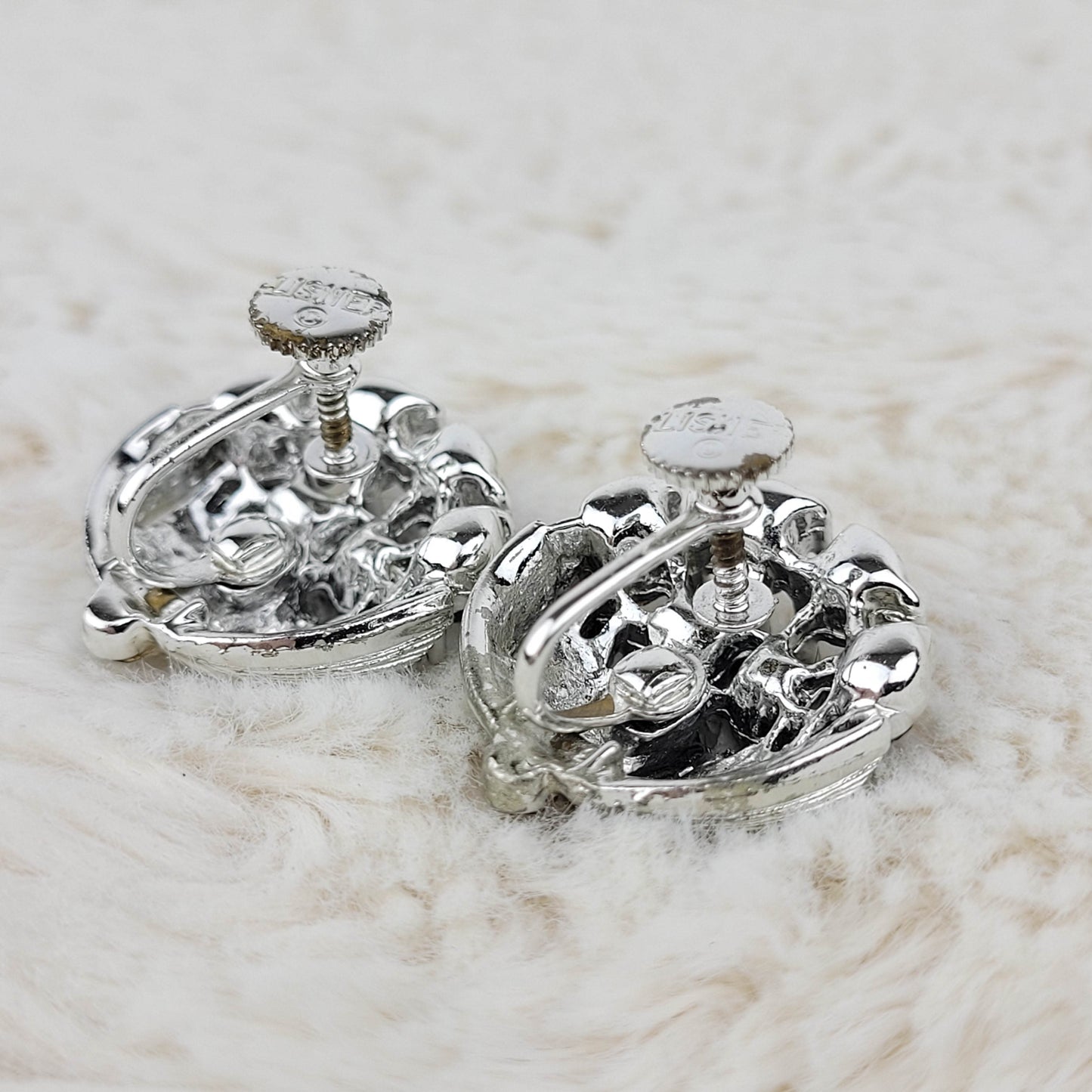 1950's Blue Aurora Borealis Silver Tone Metal Umbrella Screwback Earrings by Lisner