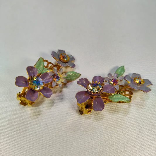 1950's Vintage Lavender Enamel and Aurora Borealis Flower Clip Earrings