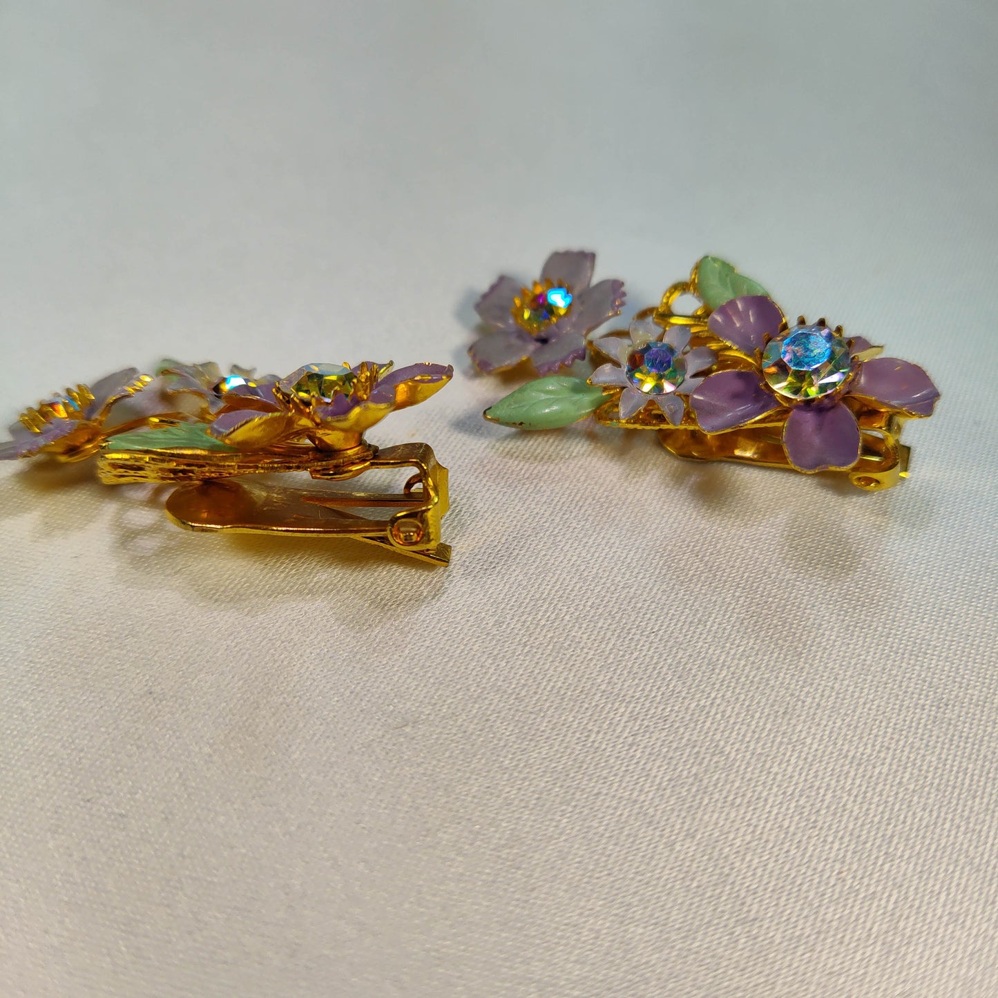 1950's Lavender Enamel and Aurora Borealis Flower Clip Earrings