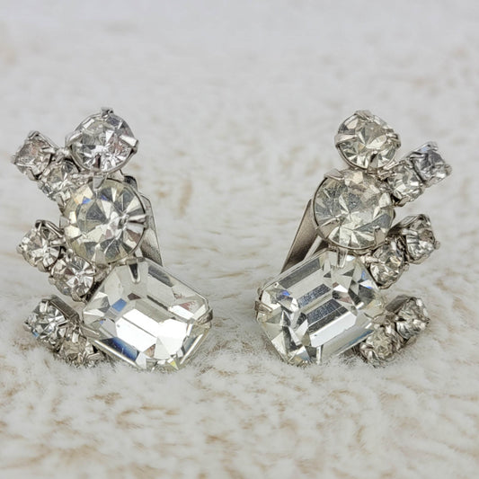 1950's Vintage Clear Rhinestone Cluster Clip Earrings