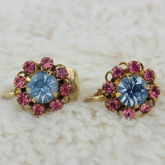 1950's Vintage Blue and Pink Rhinestone Clip Earrings By Judy Lee