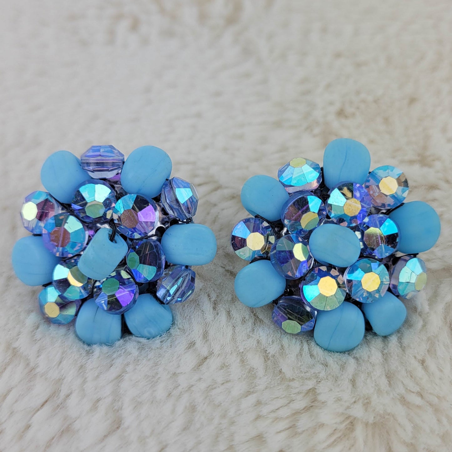 1950's Blue Bead and Aurora Borealis Crystal Cluster Clip Earrings by Vogue