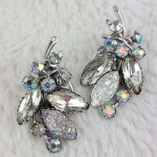 1950's Vintage Oval Clear Crystal Rhinestone Leaf Clip Earrings - Signed
