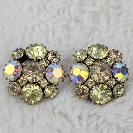 1950's Vintage Yellow Aurora Borealis Rhinestone Circle Clip Earrings