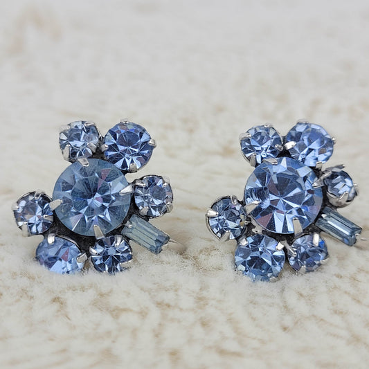 1950's Vintage Blue Rhinestone Circular Screwback Earrings by Coro