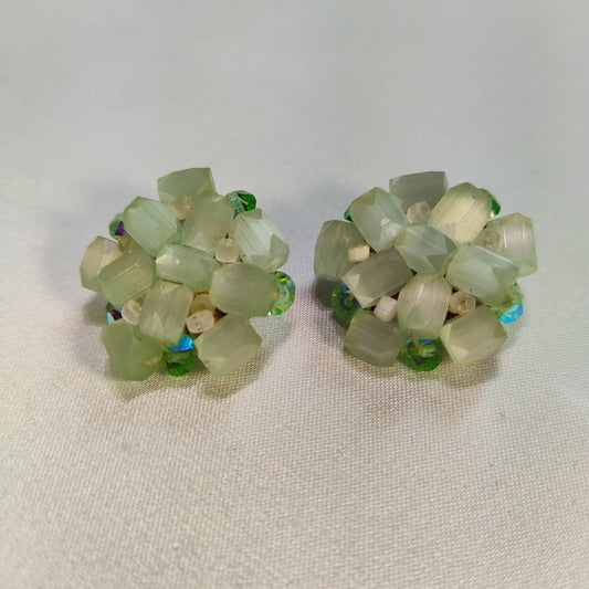 1960's Vintage Green Bead and Rhinestone Circular Cluster Clip Earrings