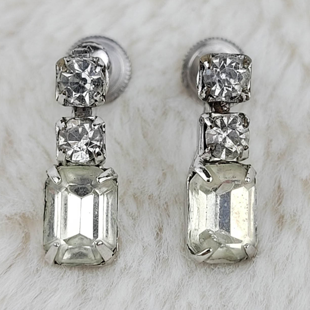 1950's Clear Rhinestone Drop Screwback Earrings