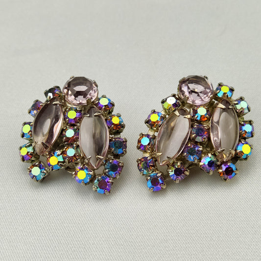 1950's Vintage Lavender Aurora Borealis Rhinestone Clip Earrings
