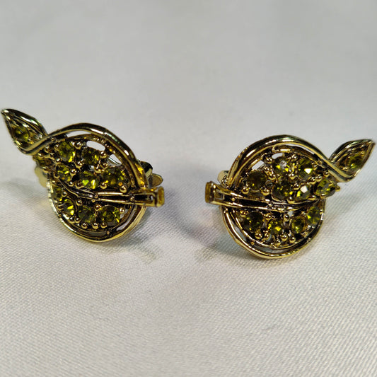 1980's Vintage Green Rhinestone and Gold Metal Leaf Clip Earrings