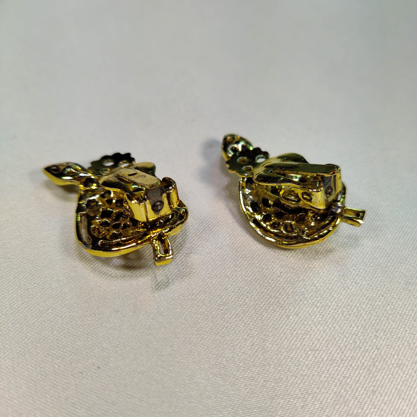 1980's Green Rhinestone and Gold Metal Leaf Clip Earrings