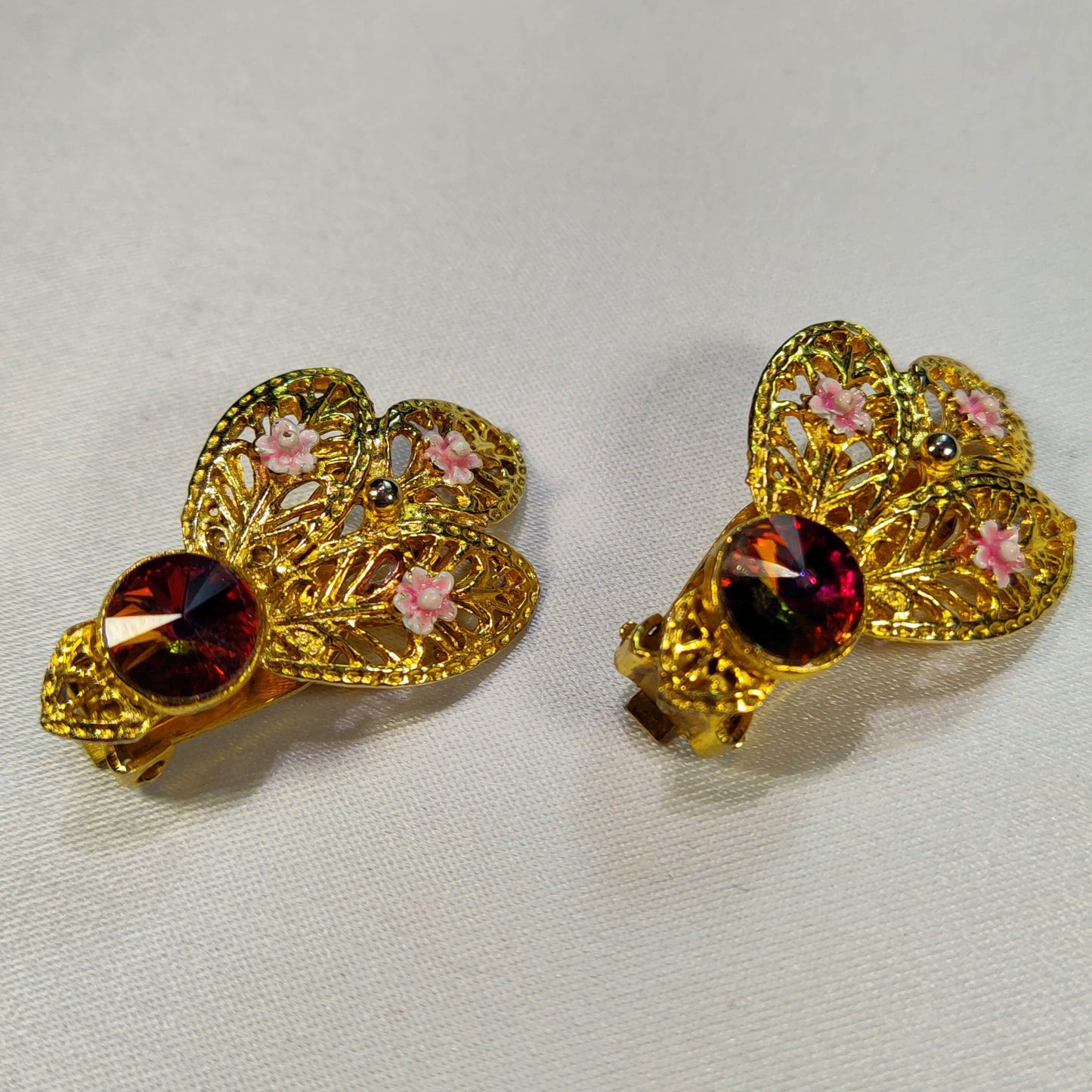1950's Gold Tone Filigree, Pink Flower and Red Rhinestone Spray Leaf Earrings