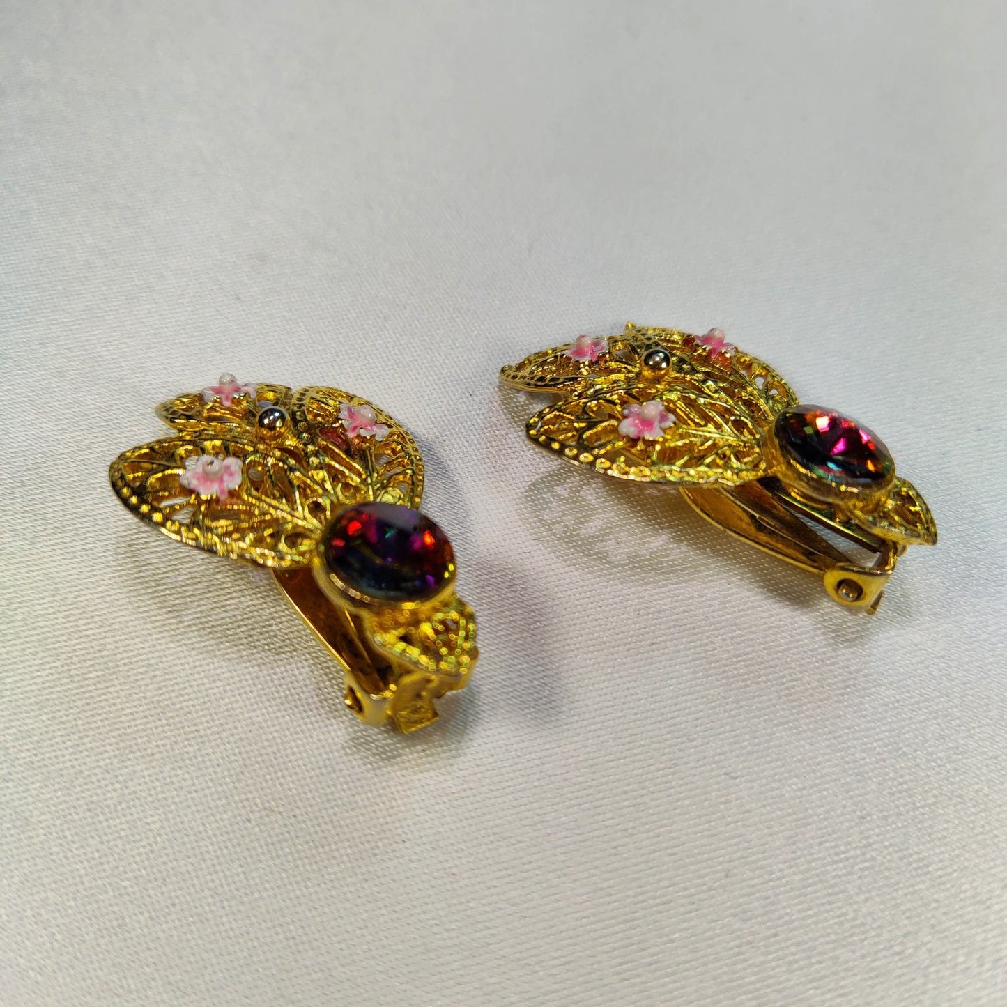 1950's Gold Tone Filigree, Pink Flower and Red Rhinestone Spray Leaf Earrings