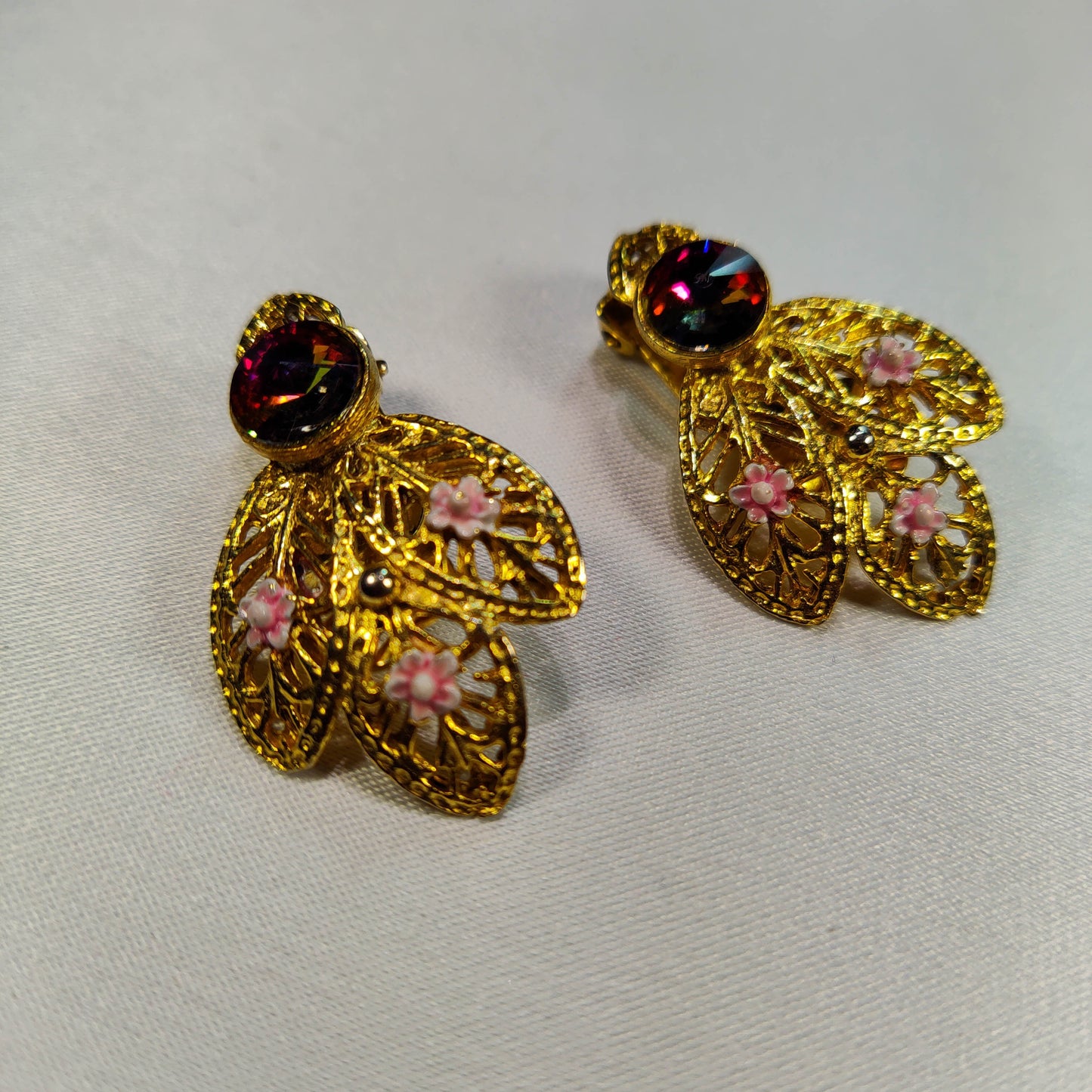 1950's Gold Tone Filigree, Pink Flower and Red Rhinestone Spray Leaf Earrings